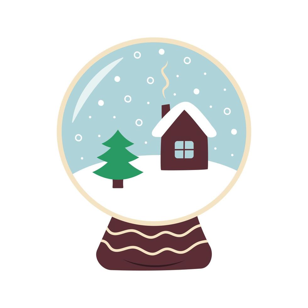una palla di neve in vetro con neve che cade, una casetta e un albero di natale. vettore