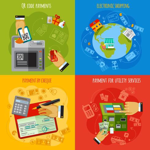 Metodi di pagamento 4 icone piane quadrate vettore