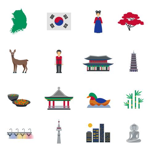 Set di icone piane di simboli cultura coreana vettore