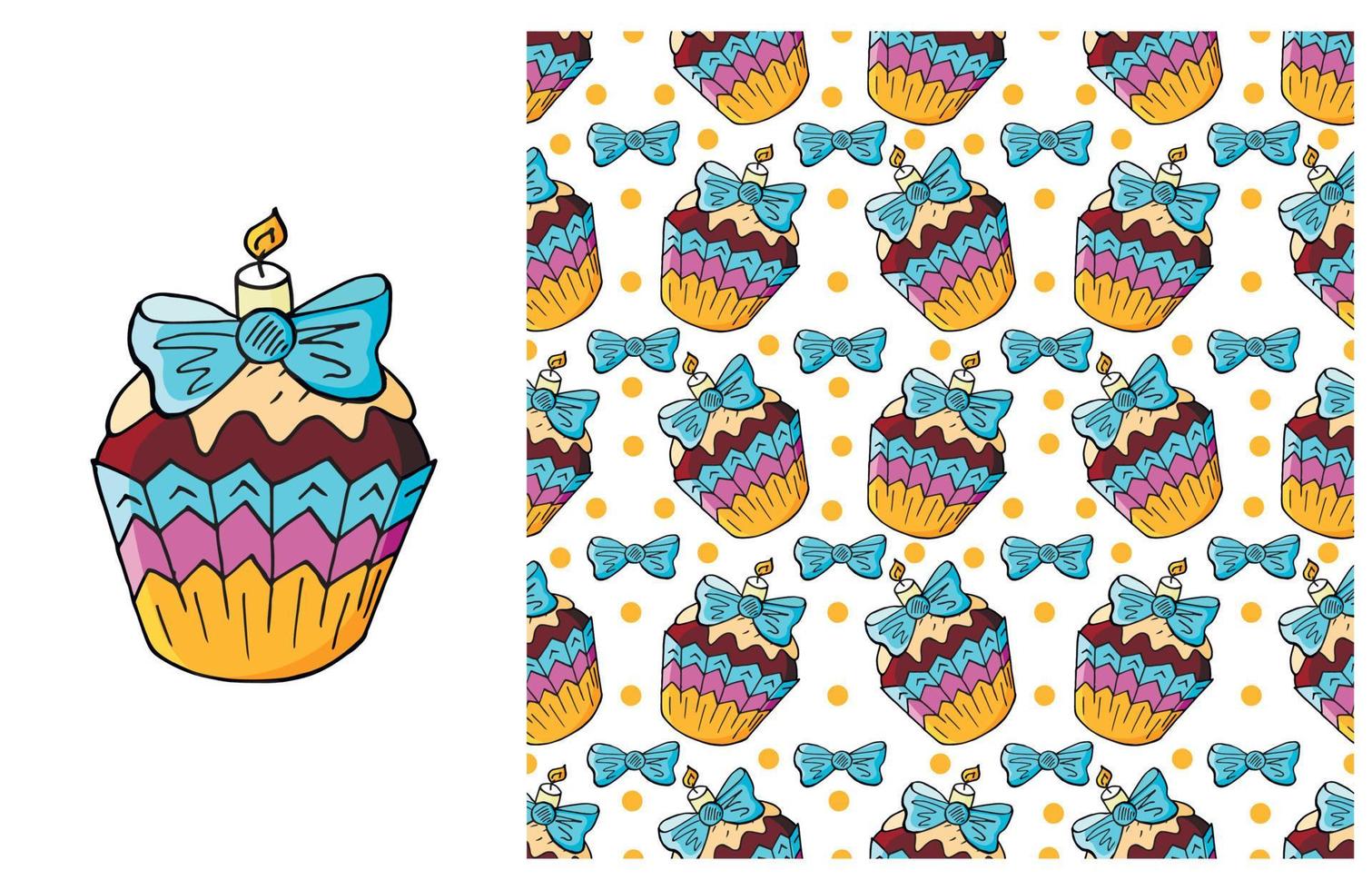 cupcake, muffin. set di elementi e pattern senza soluzione di continuità vettore