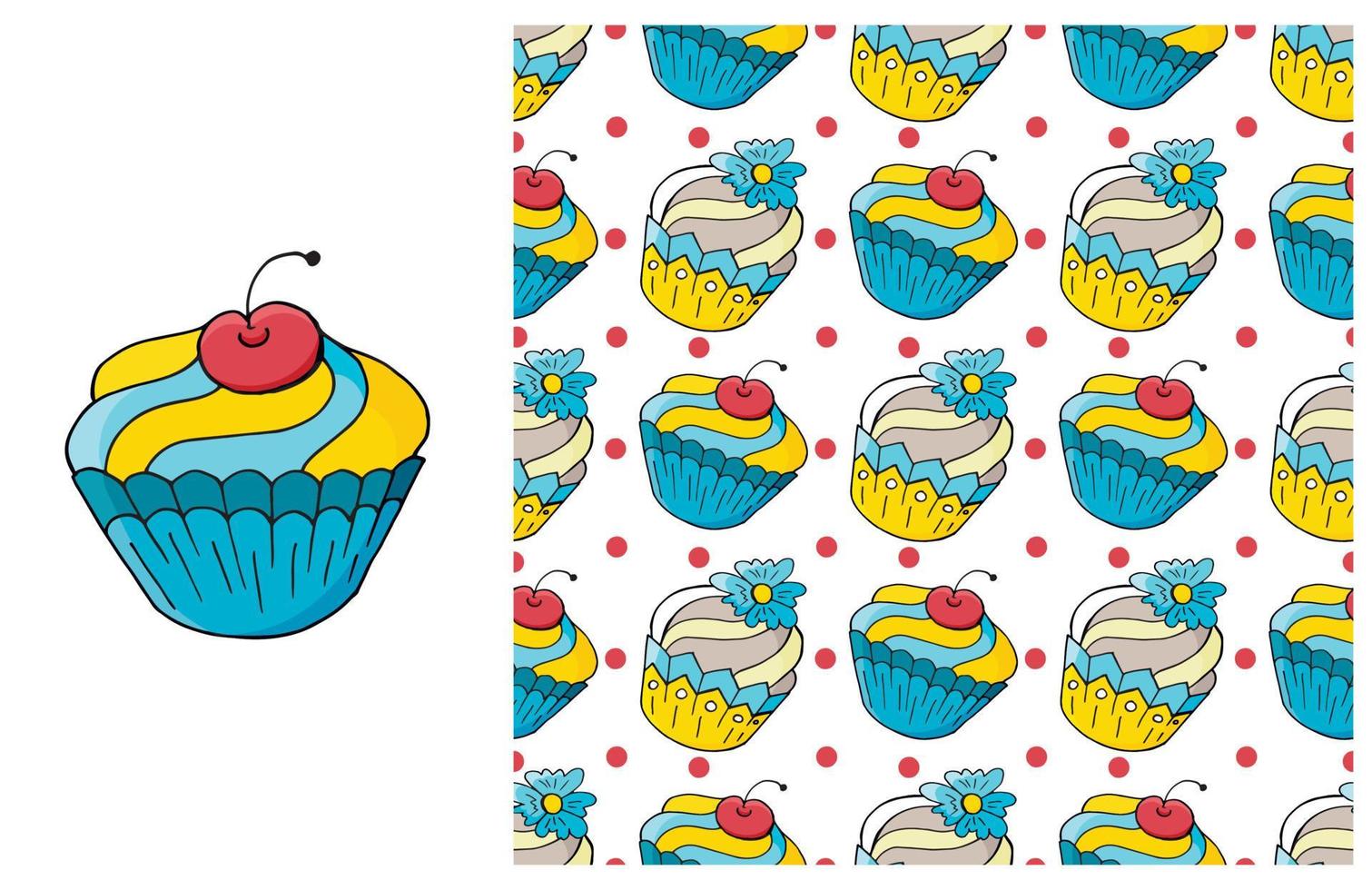 cupcake, muffin. set di elementi e pattern senza soluzione di continuità vettore