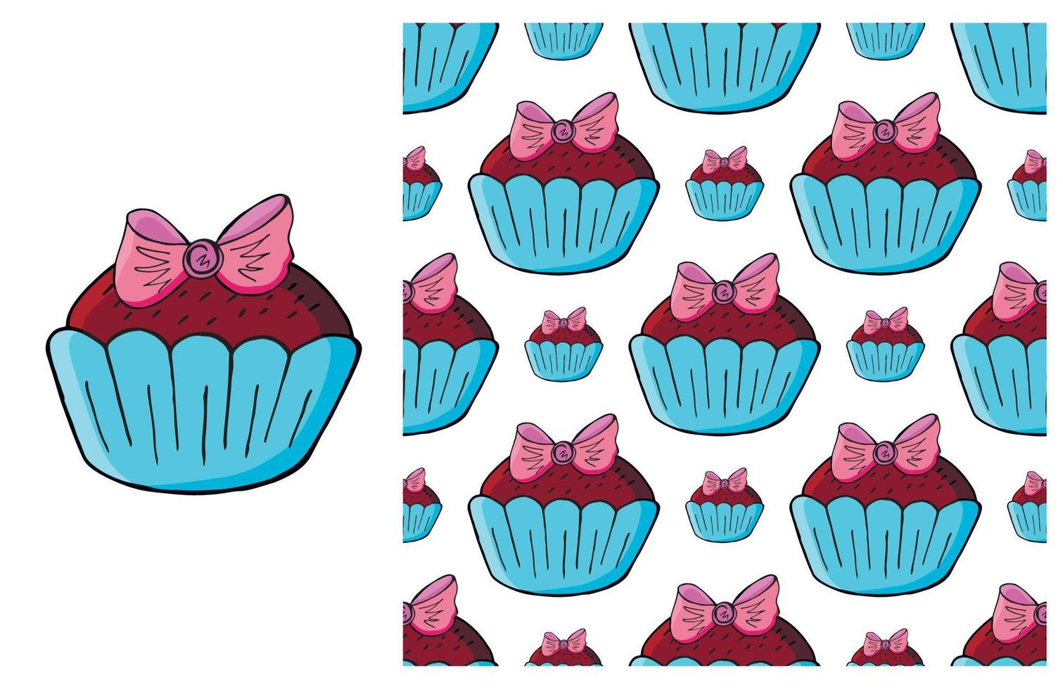 cupcake, muffin. set di elementi e pattern senza soluzione di continuità vettore