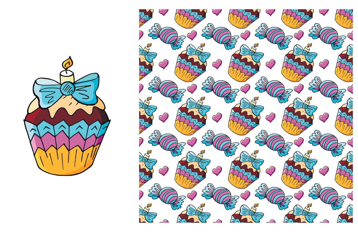 cupcake, muffin. set di elementi e pattern senza soluzione di continuità vettore