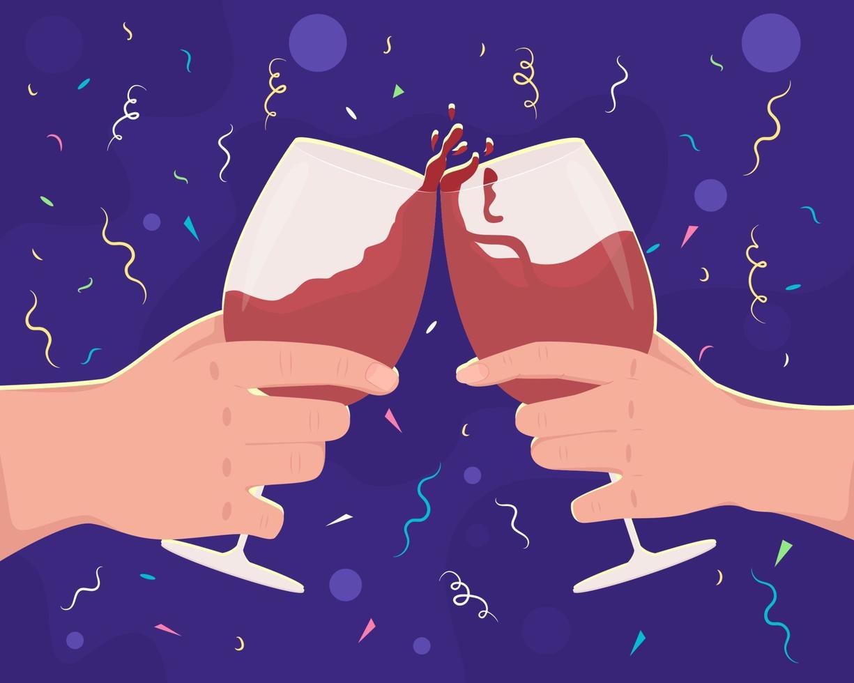 brindisi con bicchieri di vino per l'illustrazione vettoriale di colore piatto anniversario