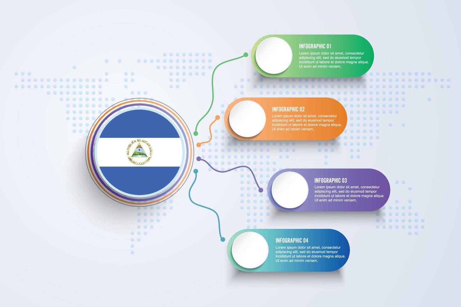 Bandiera del Nicaragua con un design infografico isolato sulla mappa del mondo a punti vettore
