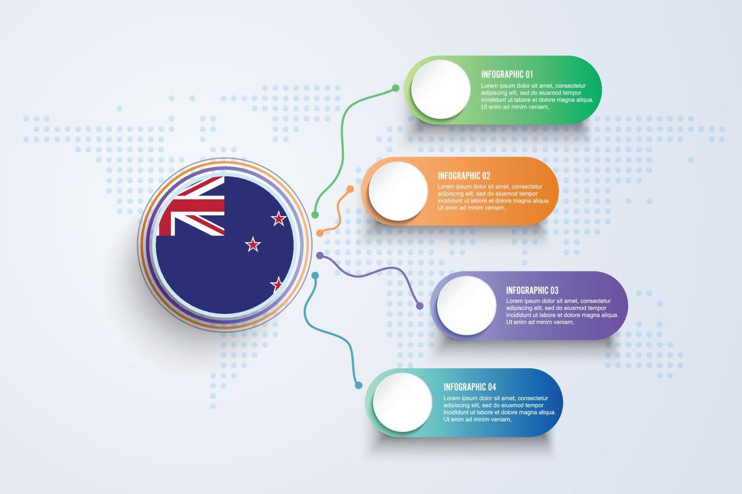 bandiera della Nuova Zelanda con un design infografico isolato sulla mappa del mondo a punti vettore