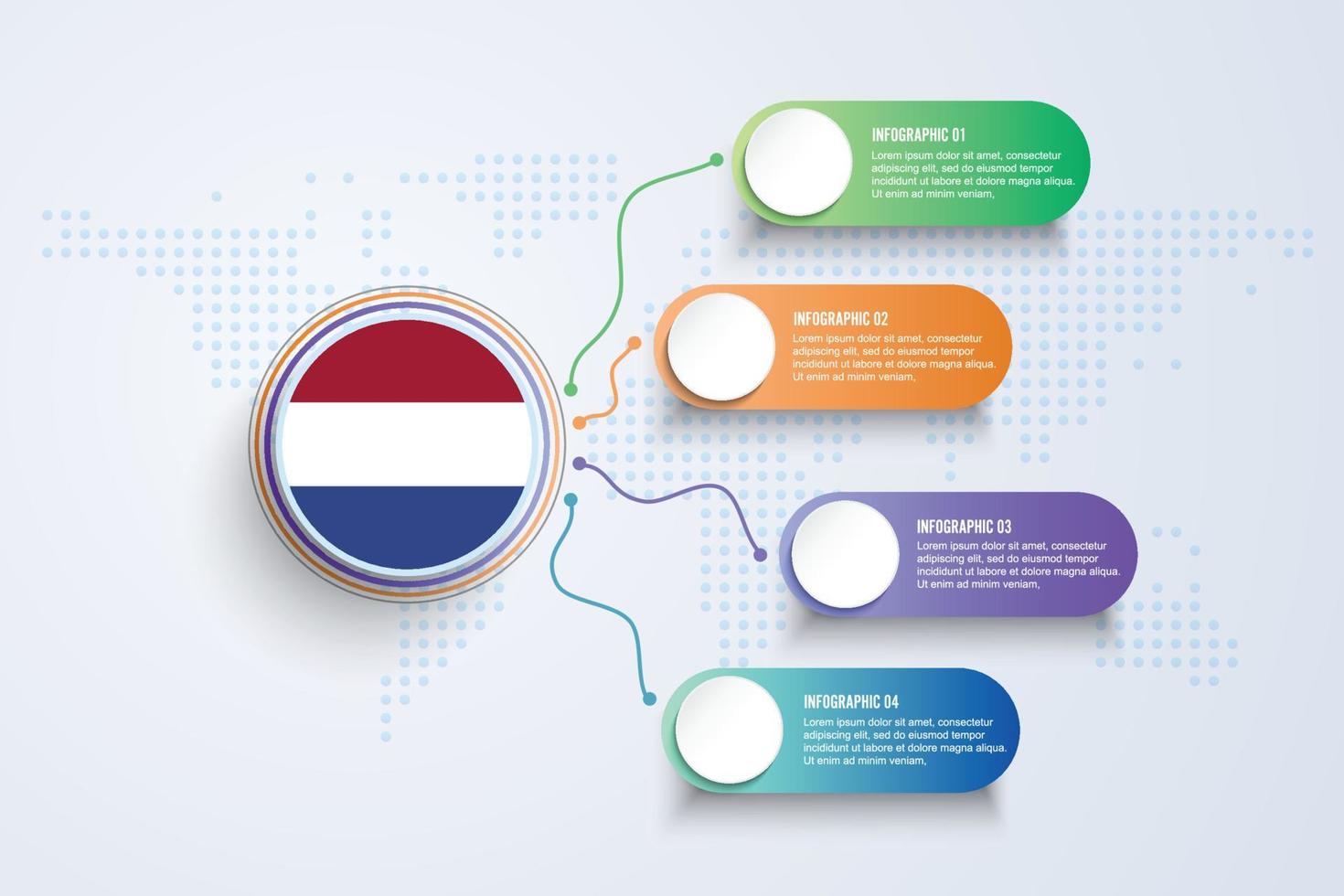 bandiera dei Paesi Bassi con un design infografico isolato sulla mappa del mondo a punti vettore