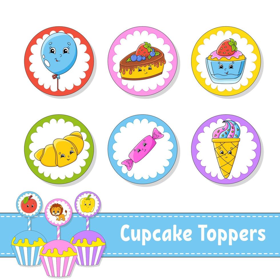 toppers per cupcake. set di sei immagini rotonde. personaggi dei cartoni animati. immagine carina. per compleanno, festa, baby shower. vettore