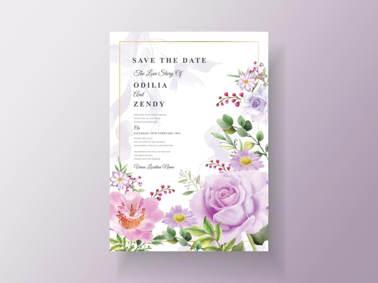 modello di invito a nozze con bellissimi fiori viola vettore