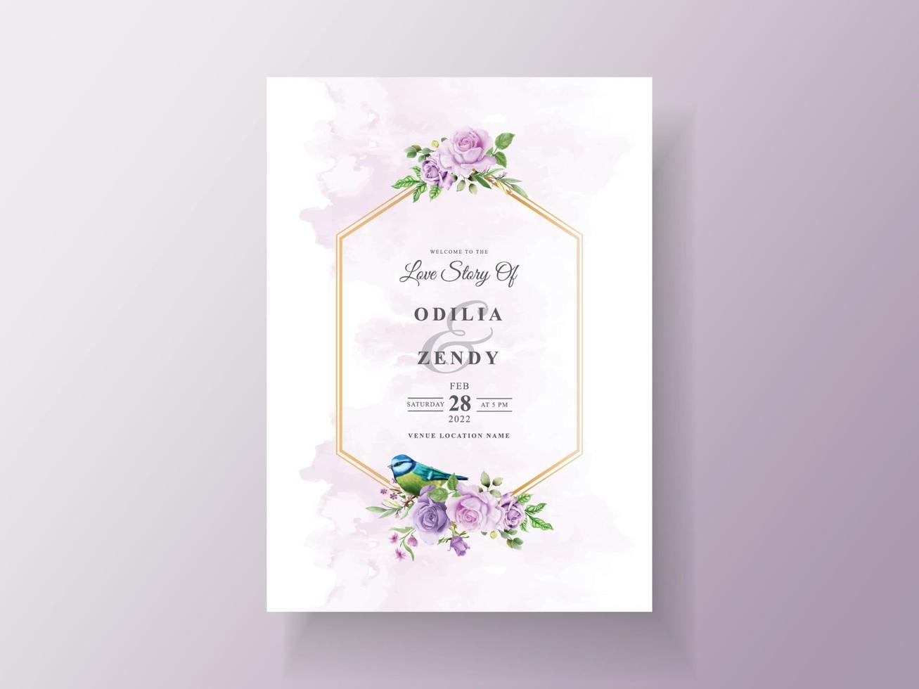 modello di invito a nozze con bellissimi fiori viola vettore