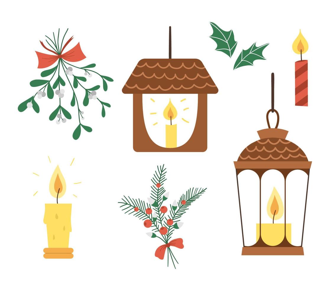 set vettoriale di lanterne con candele, foglie di agrifoglio e mazzo di vischio isolato su sfondo bianco. carino divertente illustrazione del simbolo del nuovo anno. luci natalizie in stile piatto per decorazioni.