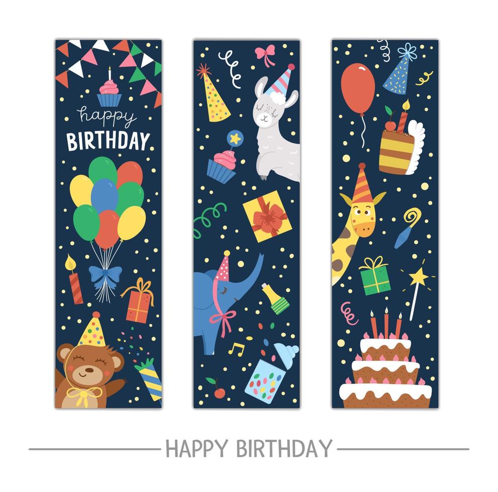 set di modelli di biglietti di auguri per feste di compleanno con simpatici animali su sfondo scuro. invito verticale di anniversario per i bambini. illustrazione luminosa del segnalibro delle vacanze con personaggi divertenti vettore