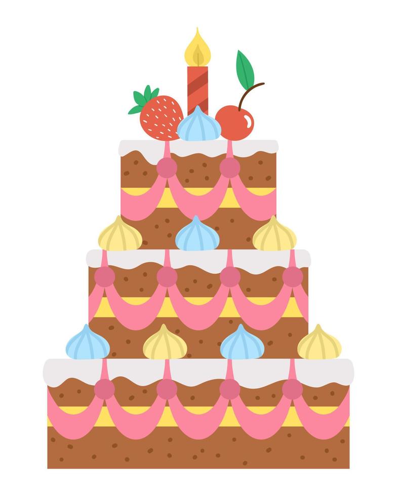 torta di compleanno di vettore con le candele. illustrazione di dessert carino festa divertente per carta, poster, design di stampa. luminoso concetto di vacanza per bambini isolati su sfondo bianco.