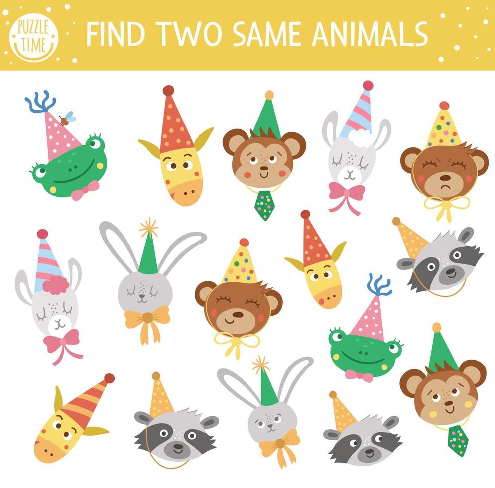 trovare due stessi animali. attività di abbinamento vacanze per bambini. divertente foglio di lavoro educativo quiz logico di compleanno per bambini. semplice gioco di celebrazione stampabile con simpatici personaggi con cappelli a cono vettore