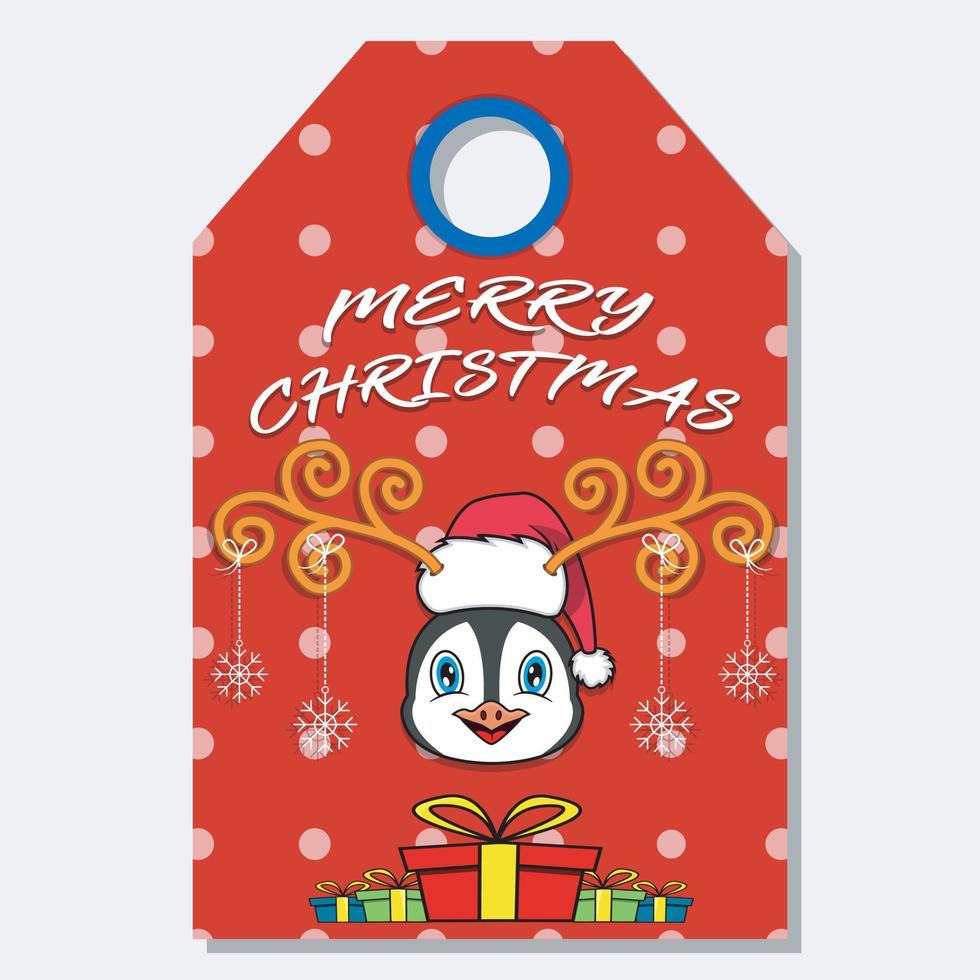 buon natale felice anno nuovo etichetta etichetta disegnata a mano con simpatico design del personaggio testa di pinguino. vettore