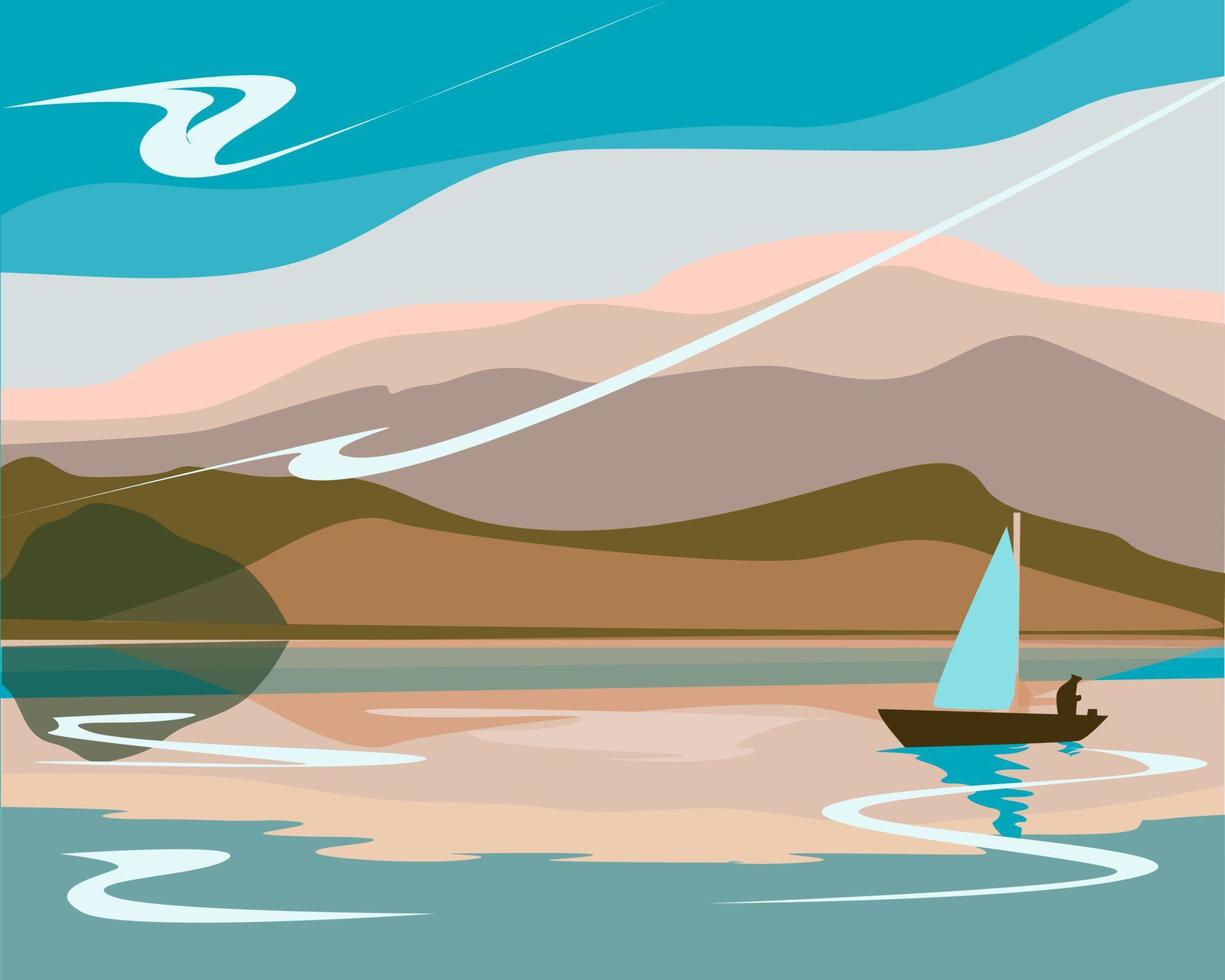 pescatore che pesca in un lago di montagna da una barca vettore