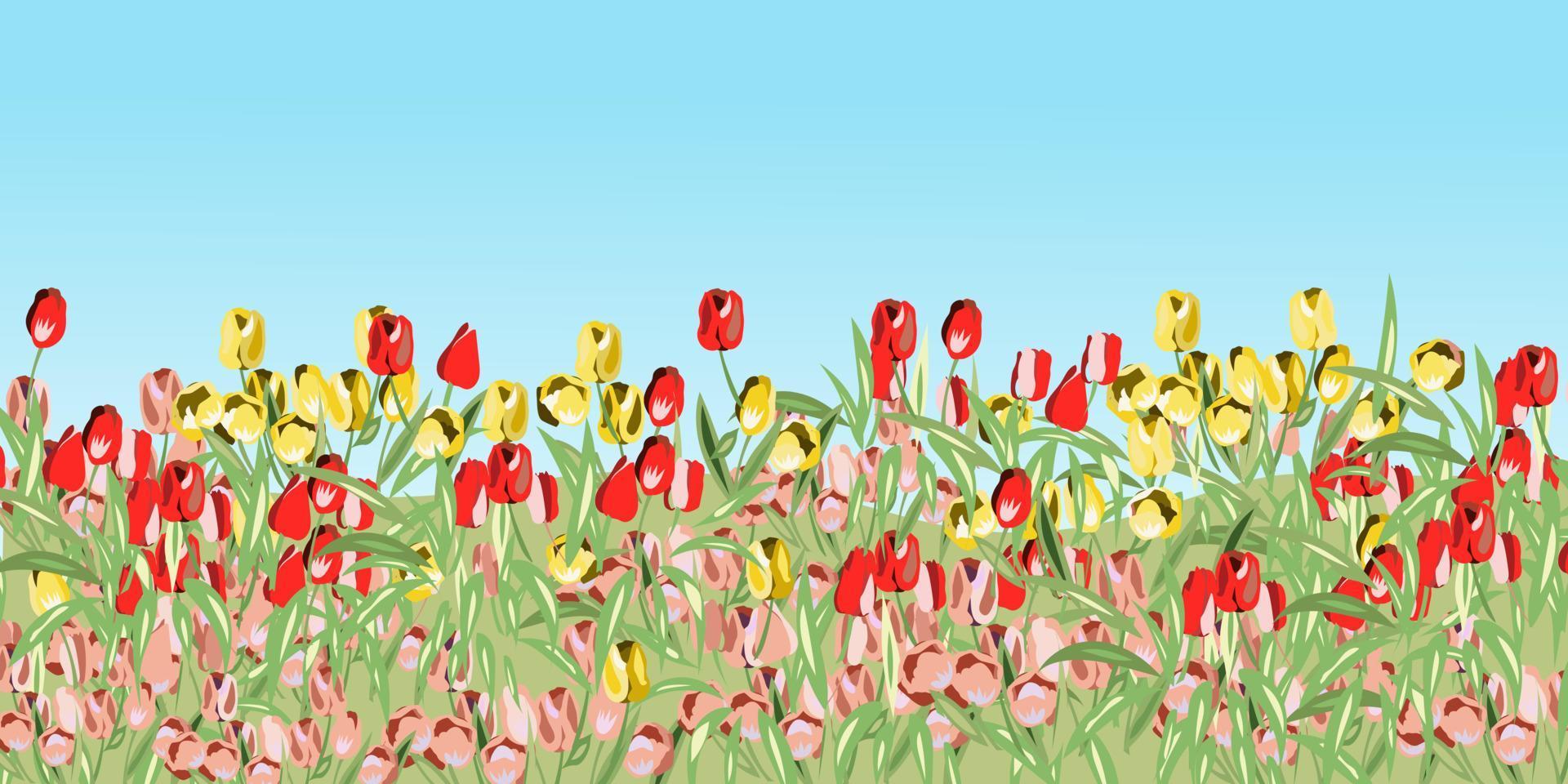 paesaggio con tulipani rossi rosa e gialli vettore