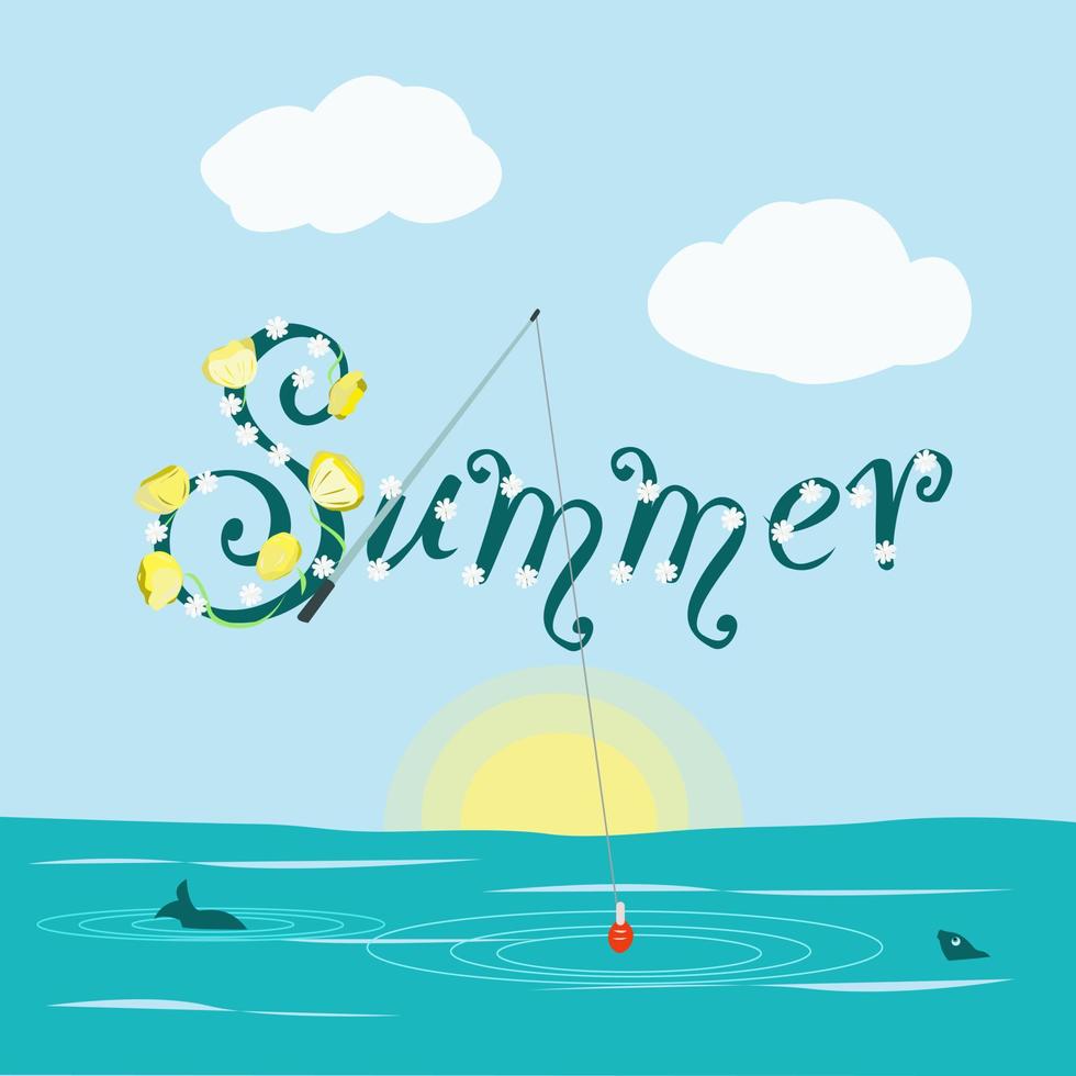 scritte estate sullo sfondo di acqua e sole e pesce vettore