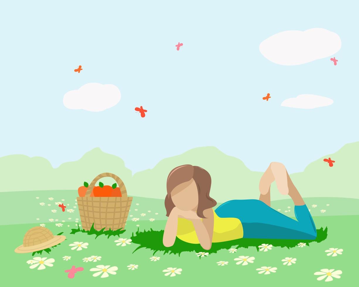 una ragazza giace in un prato sotto il sole estivo vettore