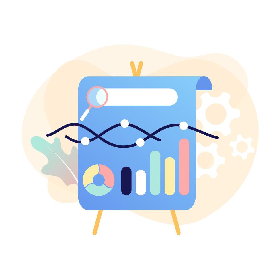 illustrazione vettoriale piatta di ricerche di mercato, analisi dei dati, strategia di marketing, analisi aziendale, analisi statistiche di mercato, ricerca aziendale, seo. design infografico per modello web e app.