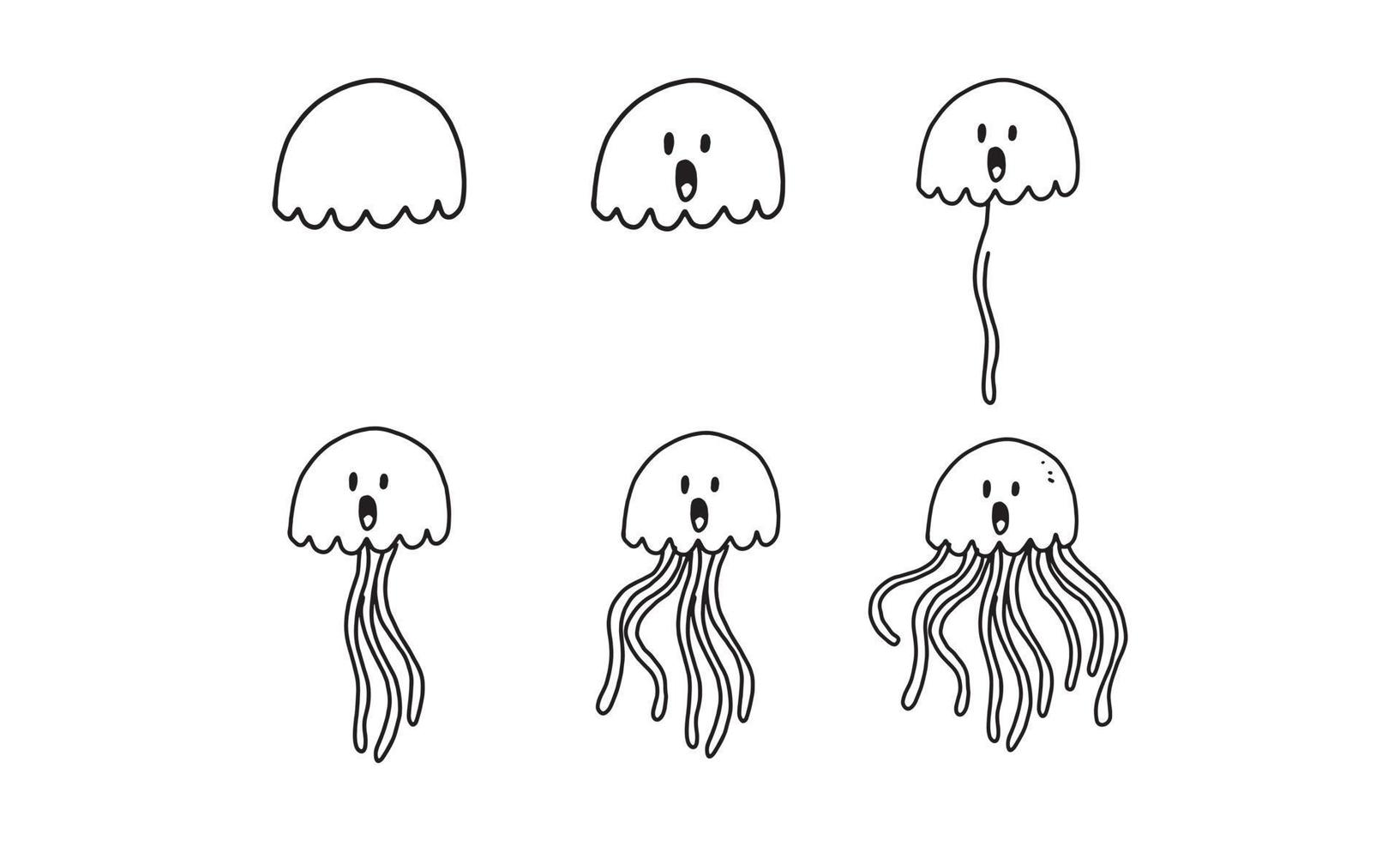 come disegnare una medusa carina passo dopo passo. collezione di personaggi da colorare di cartoni animati animali marini per bambini. illustrazione di disegno animale facile e divertente per la creatività dei bambini. guida al disegno nel disegno vettoriale. vettore