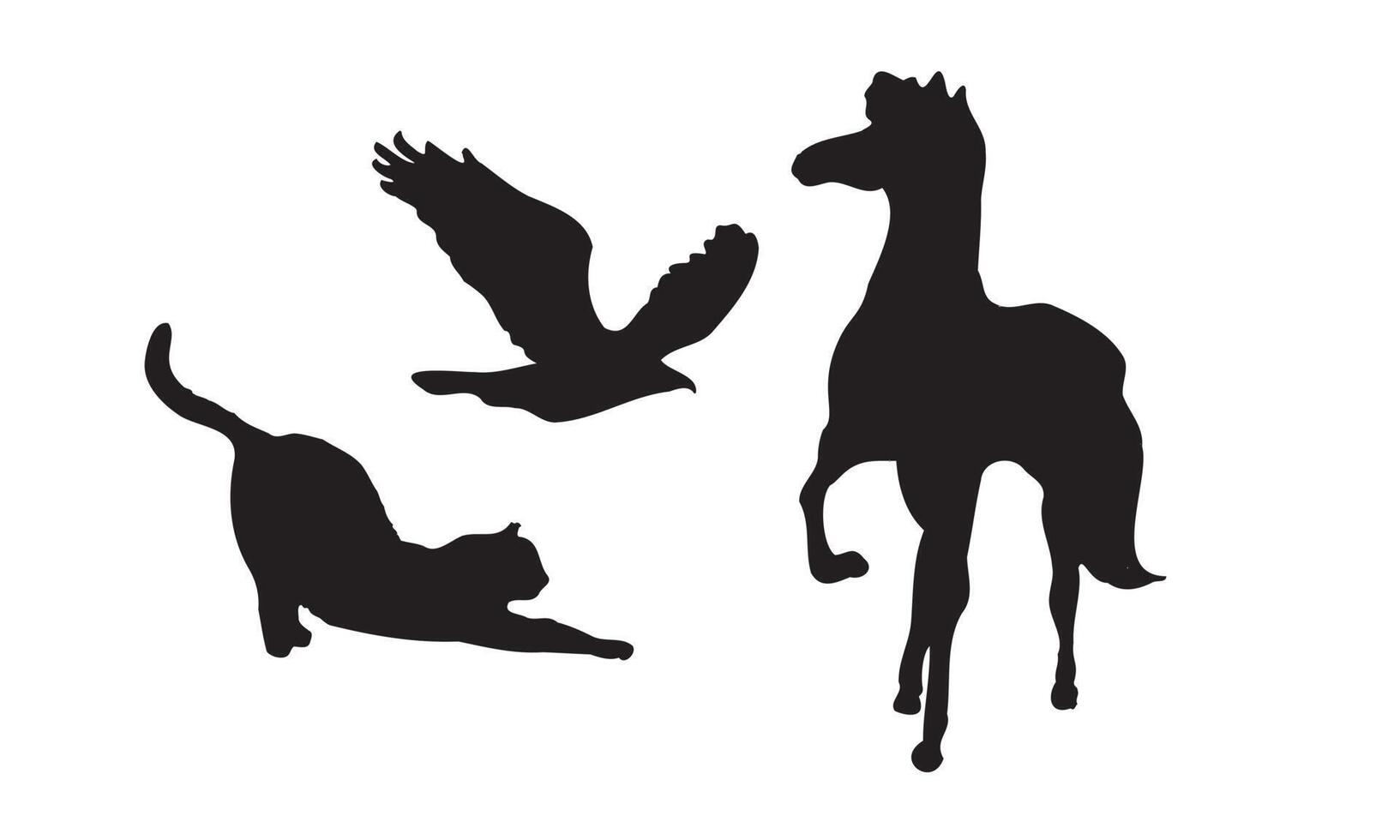 l'oggetto astratto negli stili scandinavi contemporanei. illustrazioni vettoriali a inchiostro silhouette di cavallo, uccello e gatto che hanno qualche motivo ornamentale sul retro.