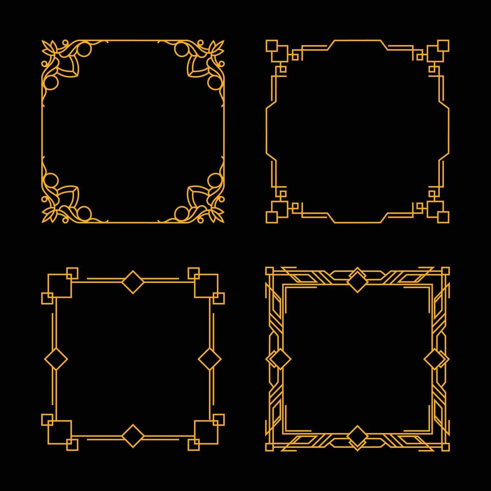 quattro semplici cornici quadrate con qualche ornamento come bordo. set di raccolta della cornice dorata su nero per decorare design, biglietti, inviti, ecc. vettore