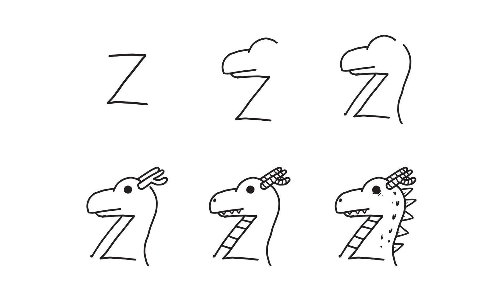 come disegnare una testa di drago carino da z passo dopo passo. attività facile e divertente per lo sviluppo e la creatività dei bambini. tutorial di disegno di animali e oggetti dalla serie di alfabeto nell'illustrazione vettoriale. vettore