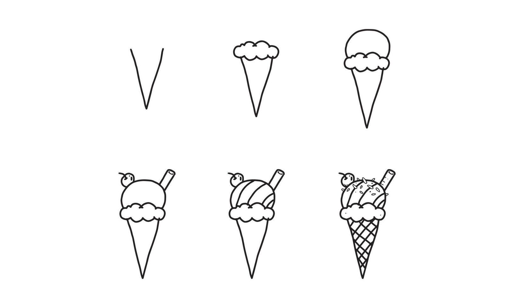 deliziosa illustrazione di cono gelato. cartone animato incolore per attività di disegno e colorazione. attività divertente per lo sviluppo e la creatività dei bambini. oggetto isolato su sfondo bianco nel disegno vettoriale. vettore