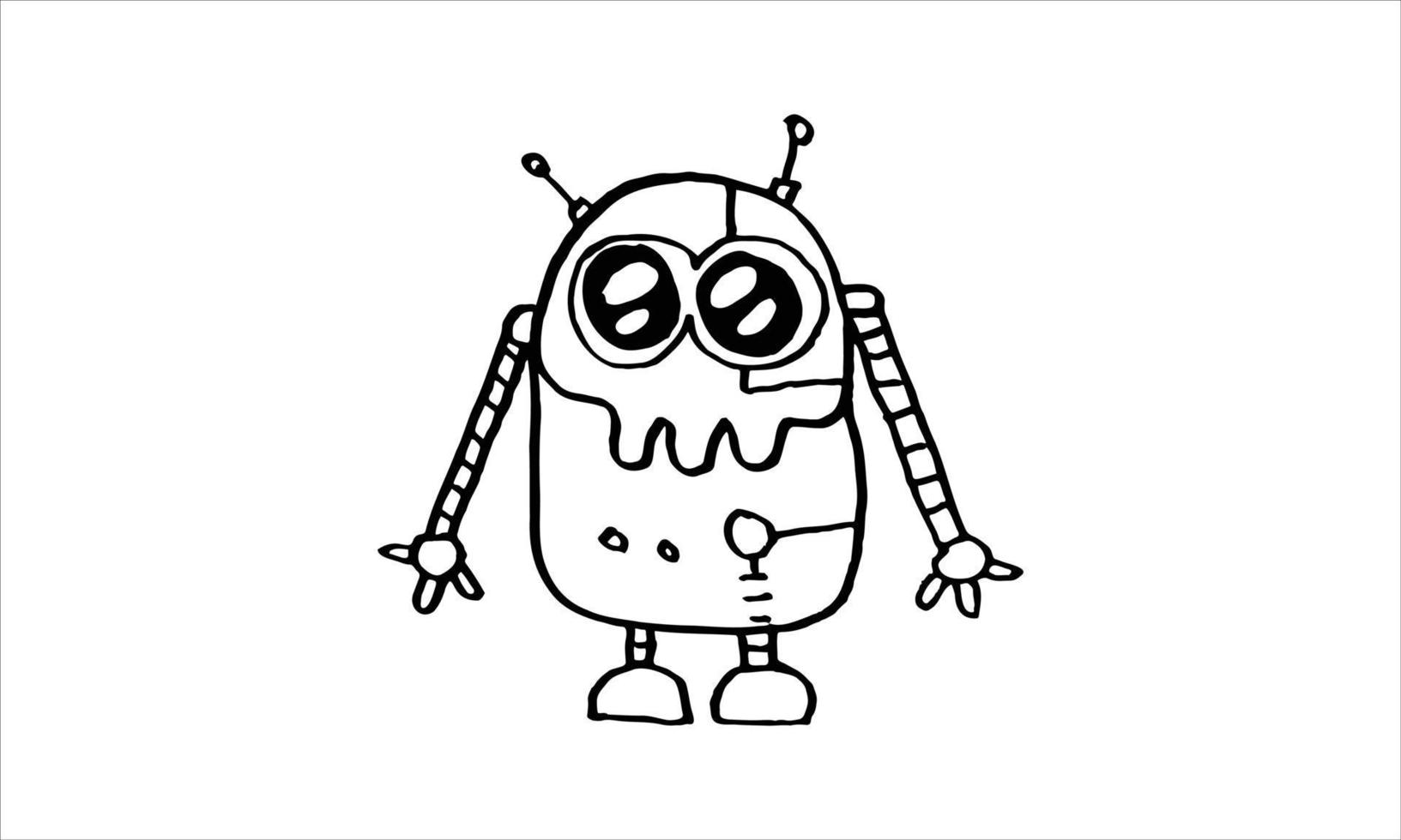 simpatico robot con occhi gonfi animato disegnato a mano. illustrazione di stile di doodle isolato su priorità bassa bianca. vettore di progettazione di macchine artificiali futuristiche moderne.