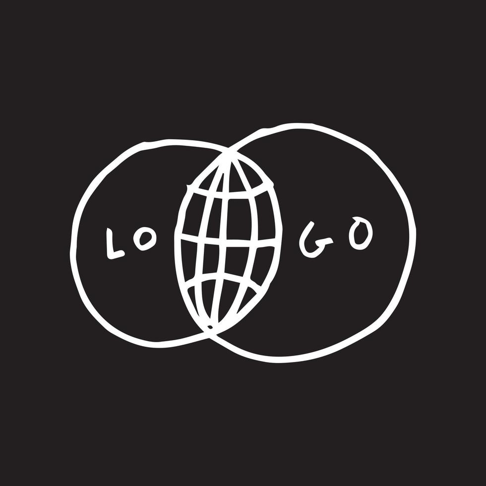 illustrazione del logo del globo in stile contorno. semplice disegno a tratteggio di un elemento moderno. schizzo disegnato a mano minimo di linee bianche su sfondo nero. vettore