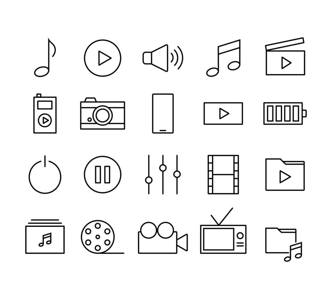 set di menu icona multimediale per la progettazione di applicazioni gadget o dispositivi. icona del tratto modificabile per l'interfaccia utente dell'interfaccia mobile. raccolta di navigazione a linea piatta per la progettazione di lettori multimediali. vettore