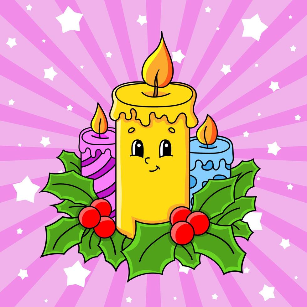 candele di natale. simpatico personaggio dei cartoni animati. illustrazione vettoriale colorato. isolato su sfondo colorato. modello per il tuo design. tema natalizio.