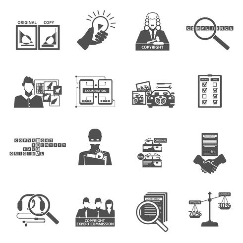 Set di icone nere di legge sul copyright di conformità vettore