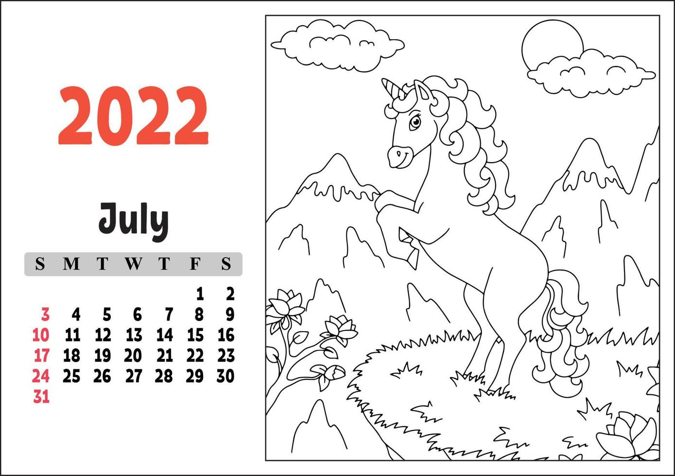 calendario per il 2022 con un simpatico personaggio. fata unicorno. pagina da colorare. design divertente e luminoso. illustrazione vettoriale di colore isolato. stile cartone animato.