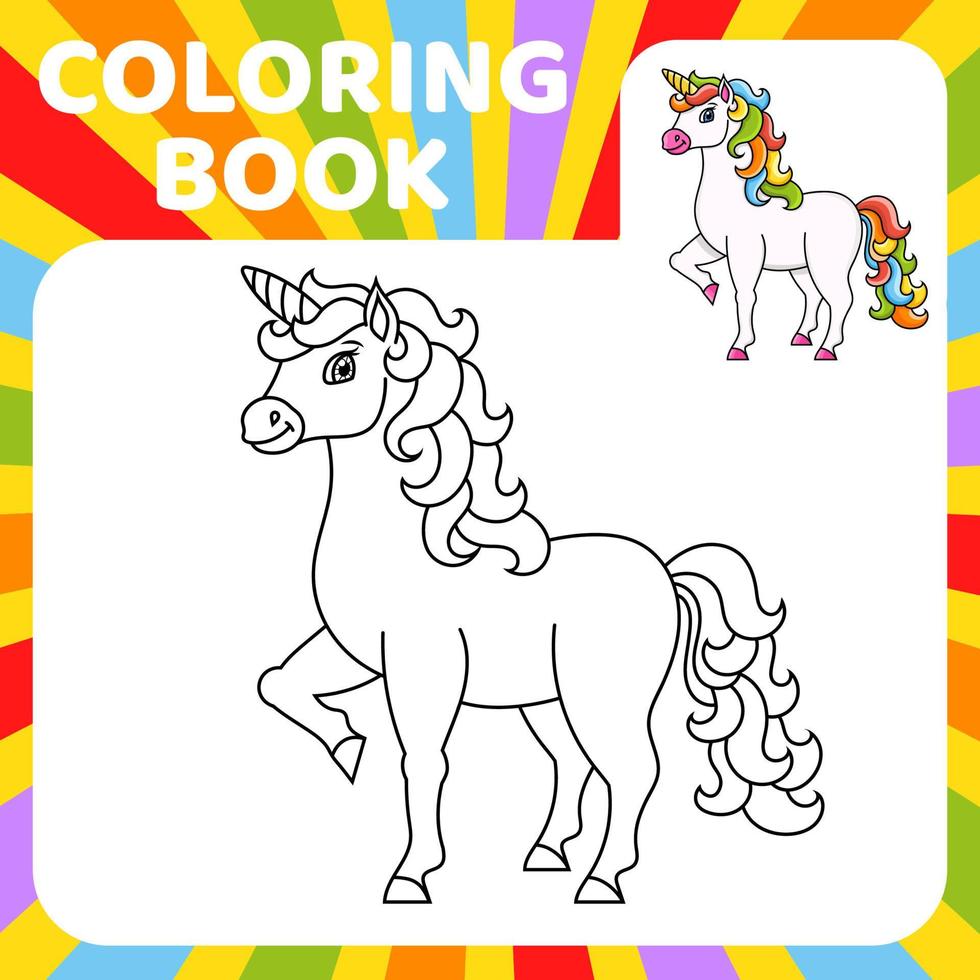 carino unicorno. cavallo magico fata. pagina del libro da colorare per bambini. stile cartone animato. illustrazione vettoriale isolato su sfondo bianco.