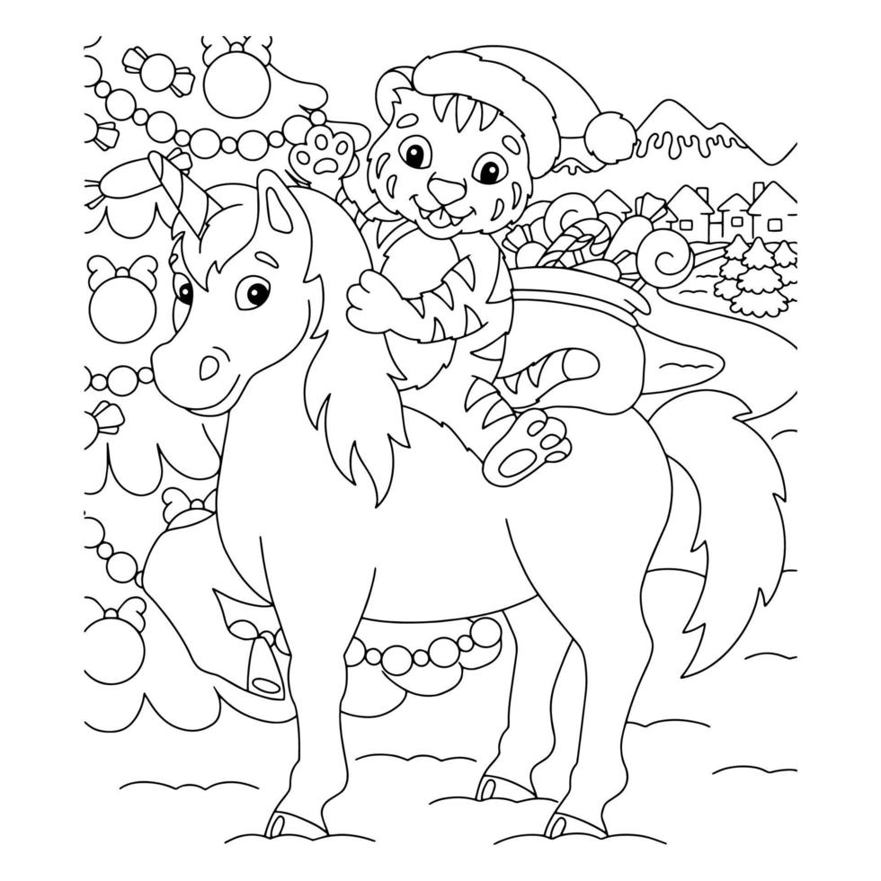un cucciolo di tigre che cavalca un unicorno porta doni. pagina del libro da colorare per bambini. personaggio in stile cartone animato. illustrazione vettoriale isolato su sfondo bianco.