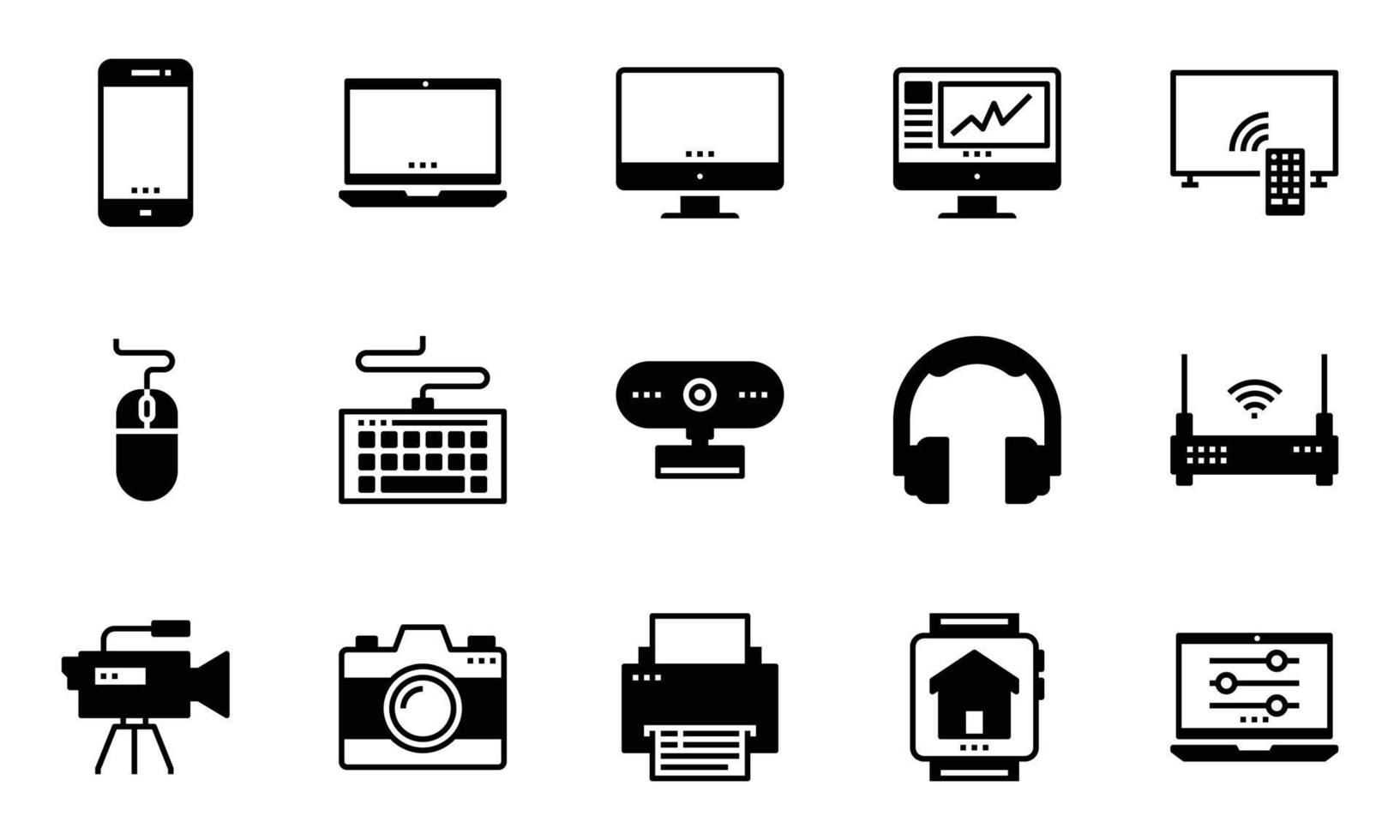 dispositivi elettronici domestici icone vettoriali, fotocamera, cuffia, multimedia vettore