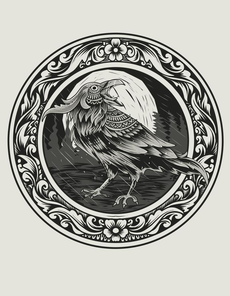 illustrazione vettoriale uccello corvo con ornamento incisione vintage