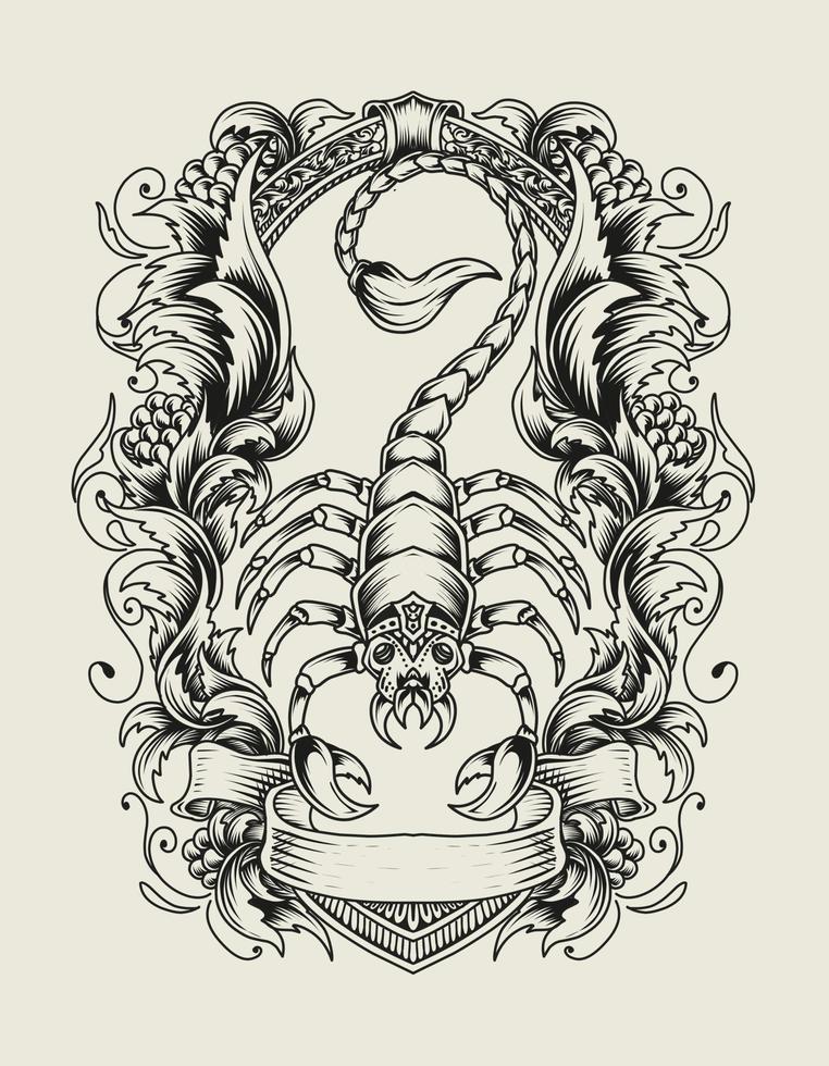 illustrazione vettoriale scorpione con ornamento incisione.