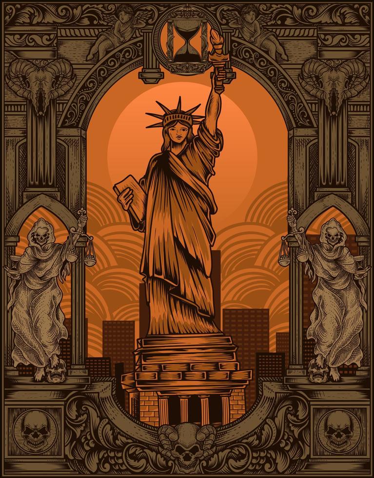 illustrazione statua della libertà vintage con stile retrò vettore