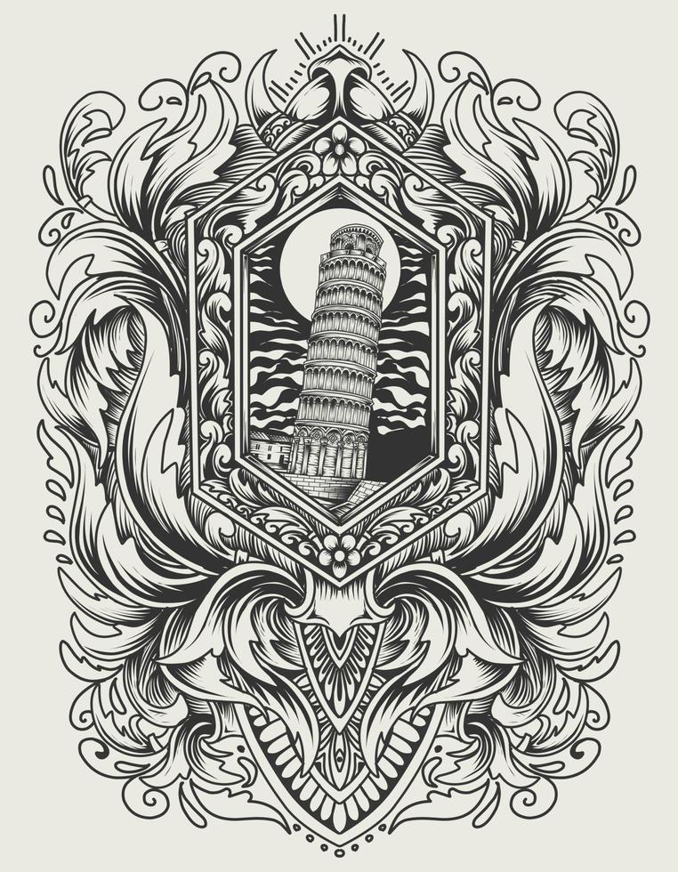 illustrazione vettoriale torre di pisa con ornamento incisione vintage