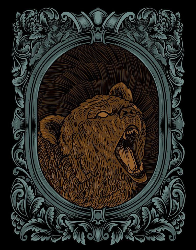 illustrazione vintage orso grizzly con incisione style vettore