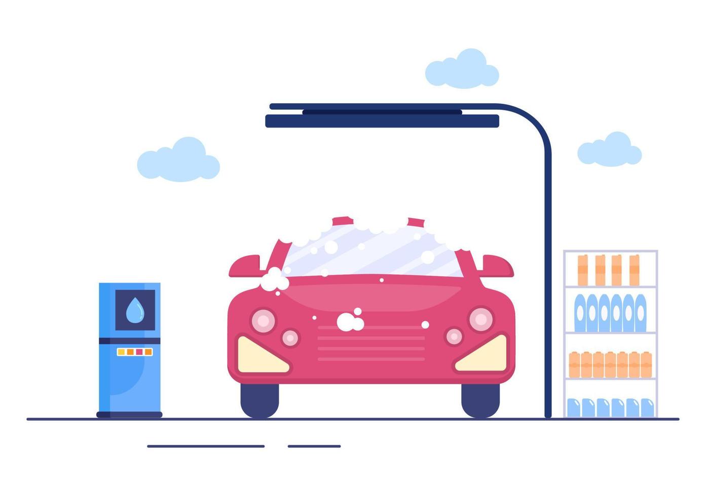 illustrazione di design piatto servizio di autolavaggio. lavoratori che lavano l'automobile usando spugne acqua e sapone per sfondo, poster o banner vettore