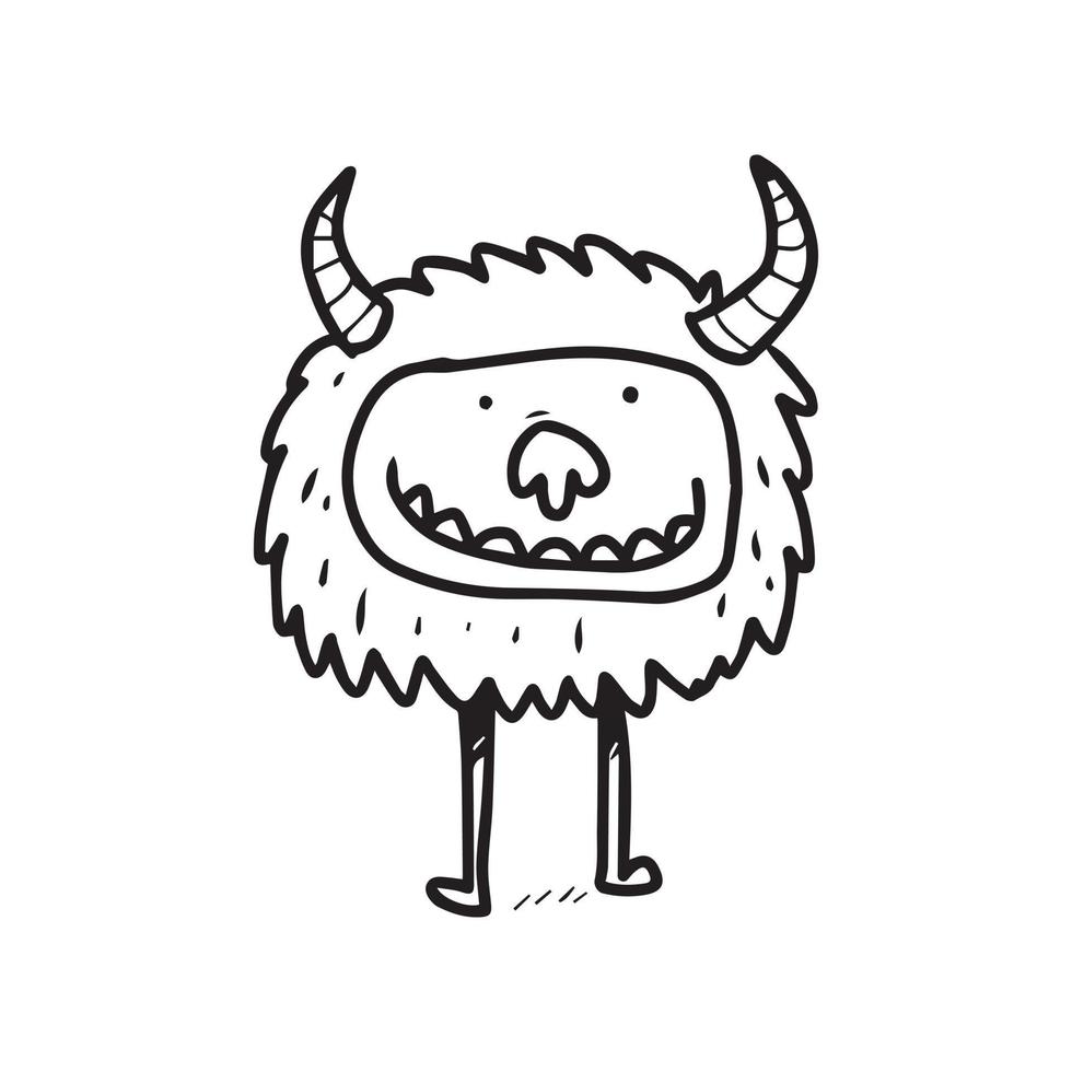 un'illustrazione disegnata a mano di un mostro sorridente con le corna. simpatico cartone animato doodle disegno di un personaggio di fantasia in stile non colorato. un design divertente dell'elemento. vettore