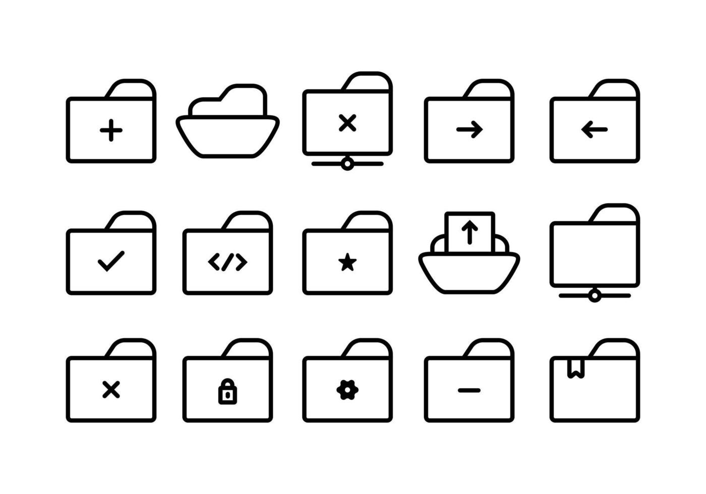 set di icone relative alle cartelle per l'interfaccia organizzata. icona del tratto modificabile per l'interfaccia utente di siti Web o applicazioni di archiviazione. collezione di icone di cartelle personalizzabili in stile linea piatta. vettore