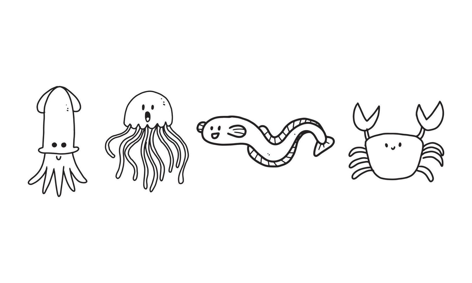 set di frutti di mare carino. calamari, meduse, anguille, granchi. collezione di personaggi da colorare di cartoni animati animali marini per bambini. illustrazione di disegno animale divertente per la creatività dei bambini. guida al disegno nel disegno vettoriale. vettore