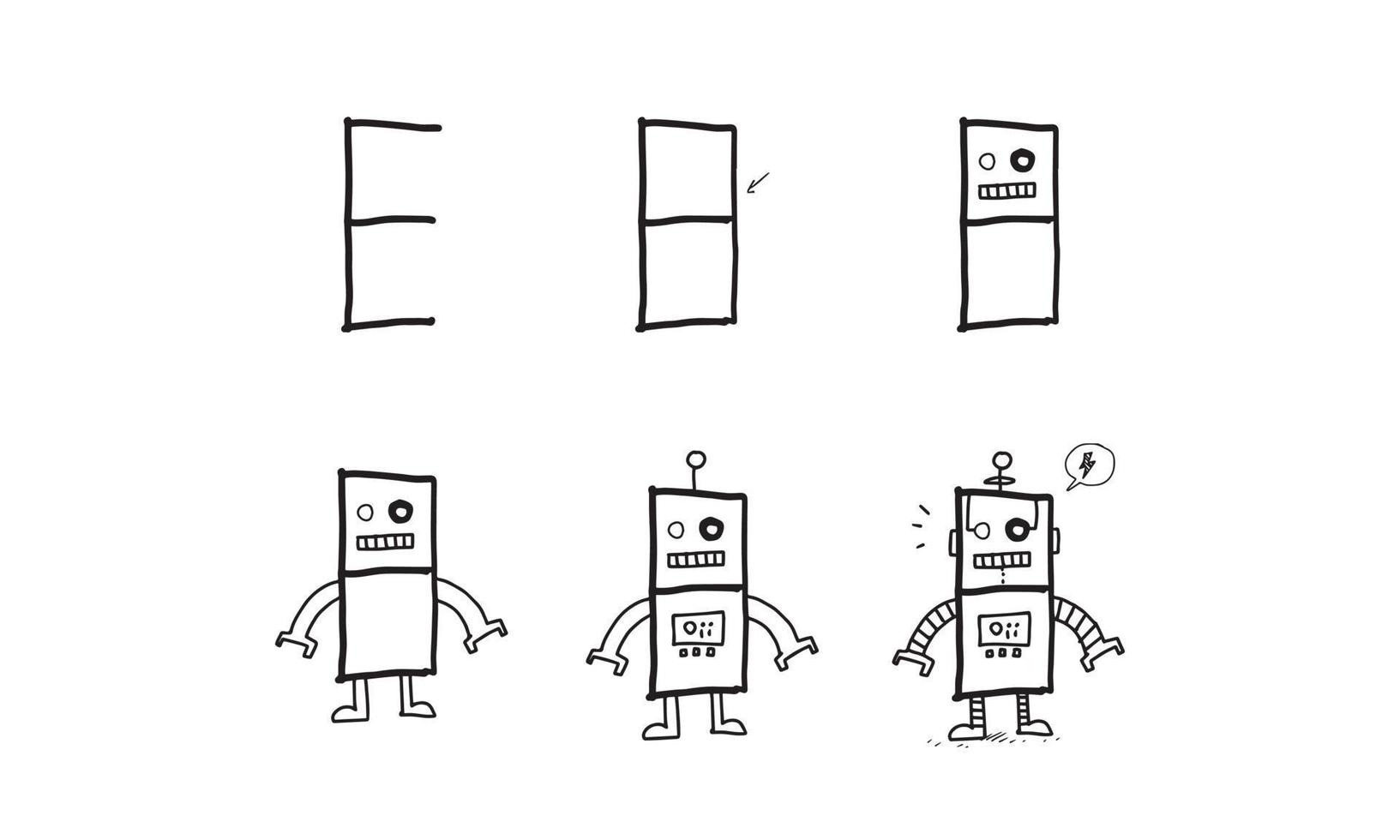 come disegnare un robot futuristico da e passo dopo passo. attività facile e divertente per lo sviluppo e la creatività dei bambini. tutorial di disegno di animali e oggetti dalla serie di alfabeto nell'illustrazione vettoriale. vettore
