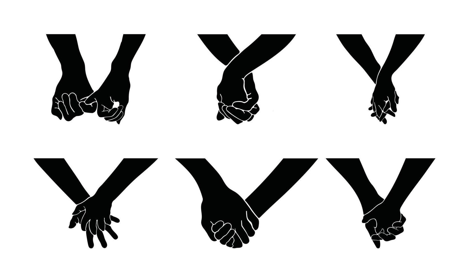 l'insieme delle mani di una coppia si tiene l'un l'altro, il che significa l'unione e l'affetto. un'illustrazione della silhouette della relazione della mano in un semplice disegno. vettore