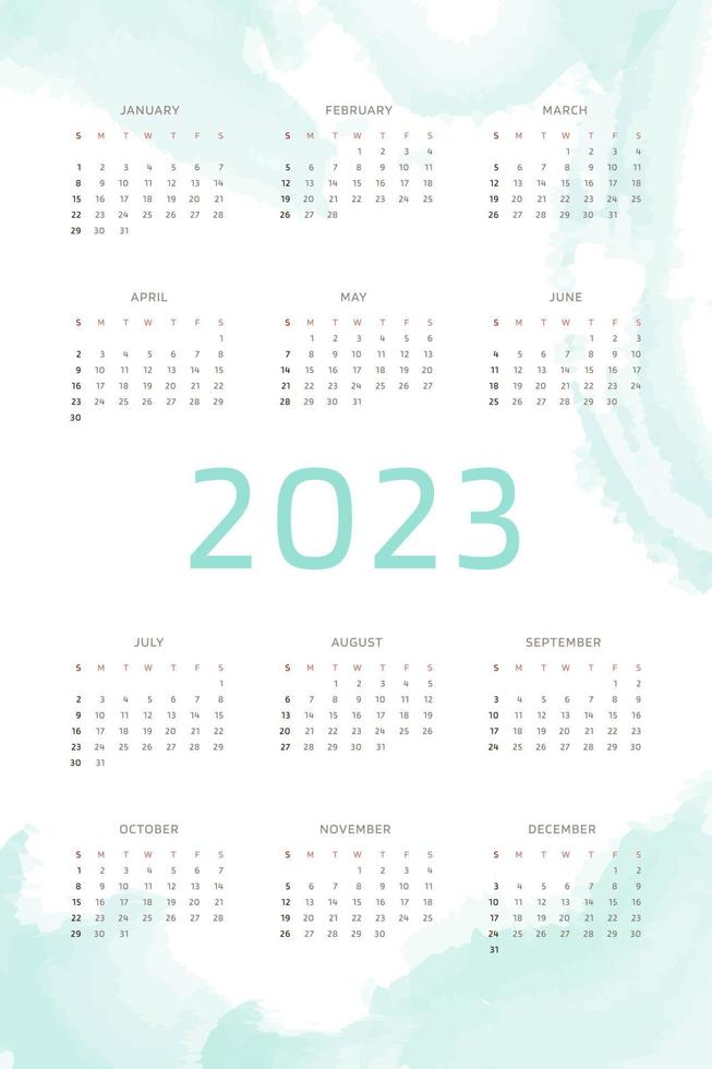 Modello di calendario 2023 su sfondo disegnato a mano blu menta con pennellate di acquerello. design del calendario per la stampa e il digitale. la settimana inizia di domenica vettore